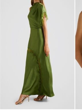 EVER NEW Olive Green Satin Lace Trim Maxi Dress